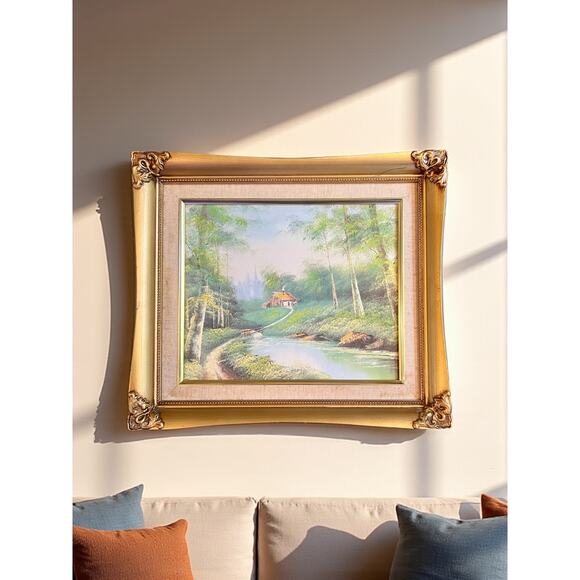 Vintage Oil on Canvas Landscape Painting-Cottage by River-Ornate Gold Frame-Wall - Picture 1 of 7